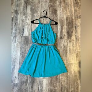 Women’s Blue/ Turquoise Dress, Size Small. Belt and Necklace Included